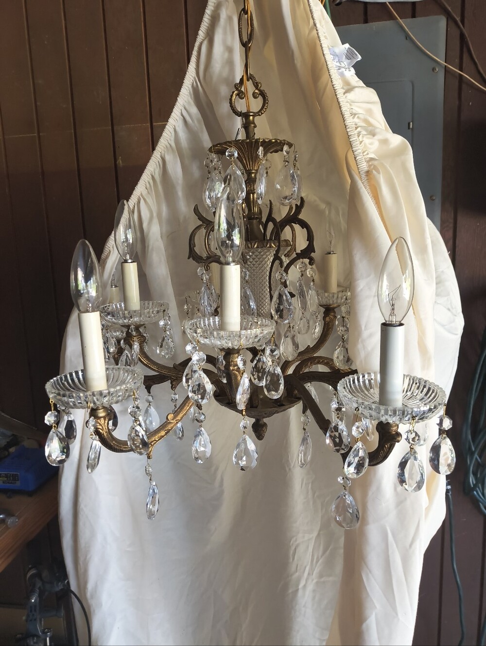 Antique-Style Crystal Chandelier in Gold Finish All Intact Very Vintage Working